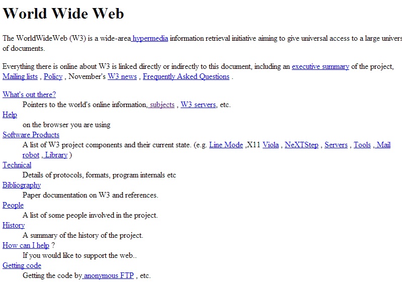 Figure 1: First Published World Wide Web website, Click to see a live version of this webpage
